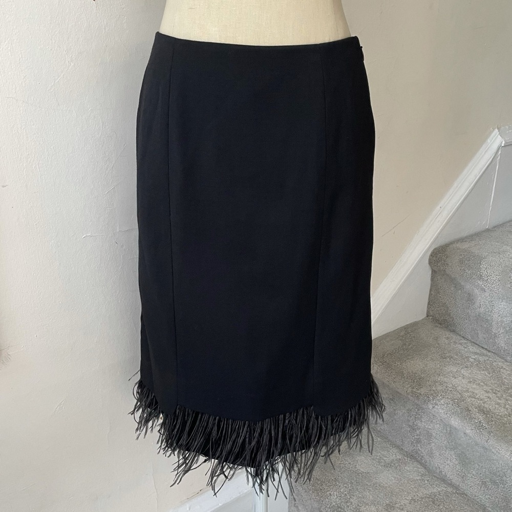 Teri Jon Rickie Freeman Wool Feather Trim Skirt